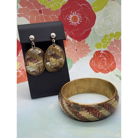 Silver Copper and Brass 1" Wide Basket Weave Cuff Bracelet and Matching Earrings - Picture 1 of 10
